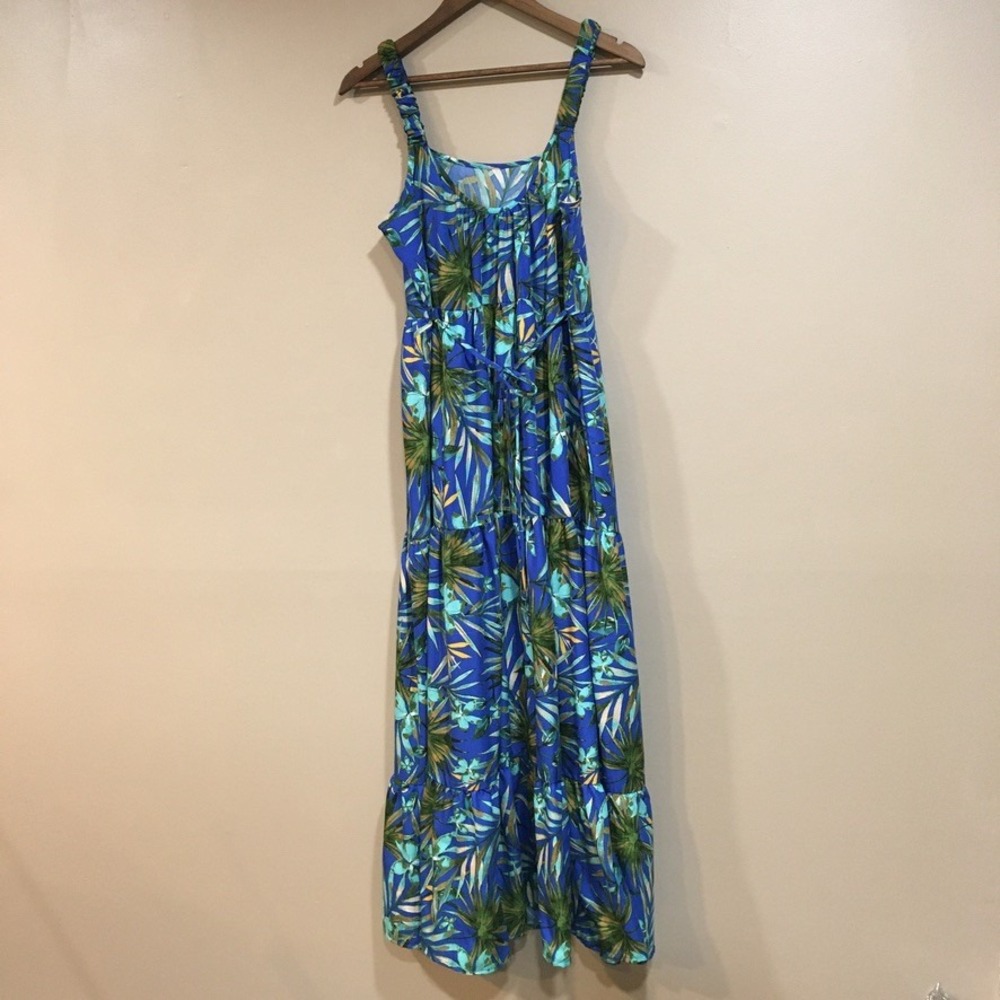 BOG Collective Tropical Floral Tiered Maxi Dress Womens M Blue Green Boho Resort - Picture 7 of 14